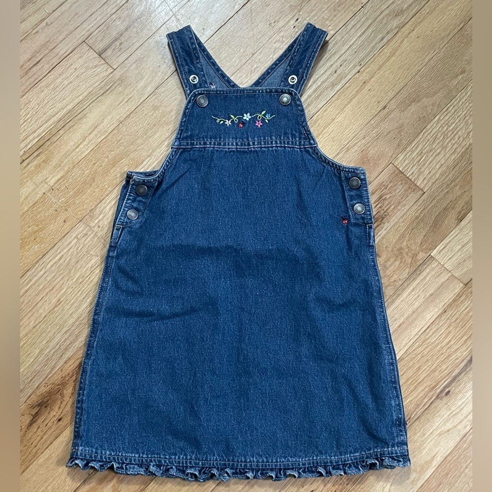 Lands End overalls jumper dress denim flowers size 4T 4 EUC